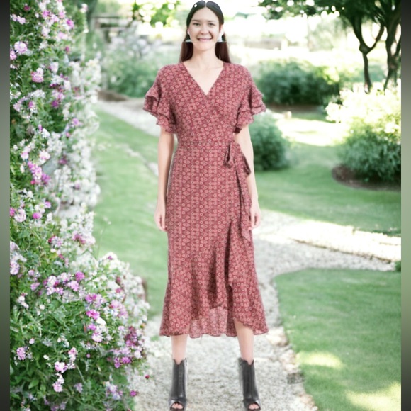 Max studio RUFFLE CREPE WRAP DRESS SIZE MEDIUM - Picture 1 of 8